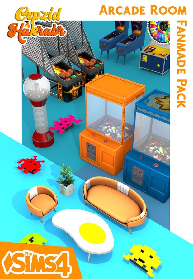 an advertisement for the arcade room is shown in orange and blue, with other items surrounding it