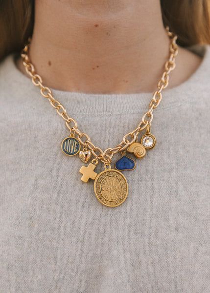 ST. Benedict Charm Necklace Coin Charm Necklace, Funky Necklaces Jewelry, Gold Pendant Charm Necklace, Charm Necklace Outfit, Diy Charm Necklace Ideas, Vintage Charm Necklace, Chunky Charm Necklace, Charm Necklace Aesthetic, Charm Necklace Ideas