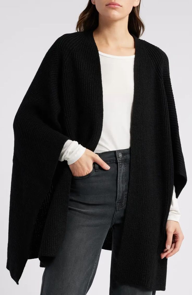 AllSaints Travelling Ruana | Nordstrom Versatile Cashmere Outerwear For Winter, Long Sleeve Wool Cape For Fall, Oversized Casual Merino Wool Outerwear, Casual Oversized Merino Wool Outerwear, Long Cashmere Outerwear For Layering, Allsaints Long Sleeve Winter Outerwear, Allsaints Long Sleeve Winter Sweater, Versatile Knit Outerwear With Relaxed Fit, Allsaints Casual Winter Sweater