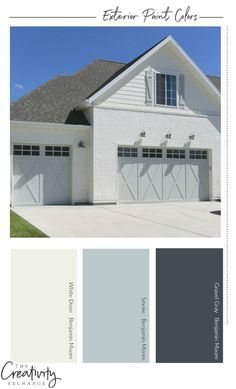 the exterior paint colors are gray, white and grey in this house with two garage doors