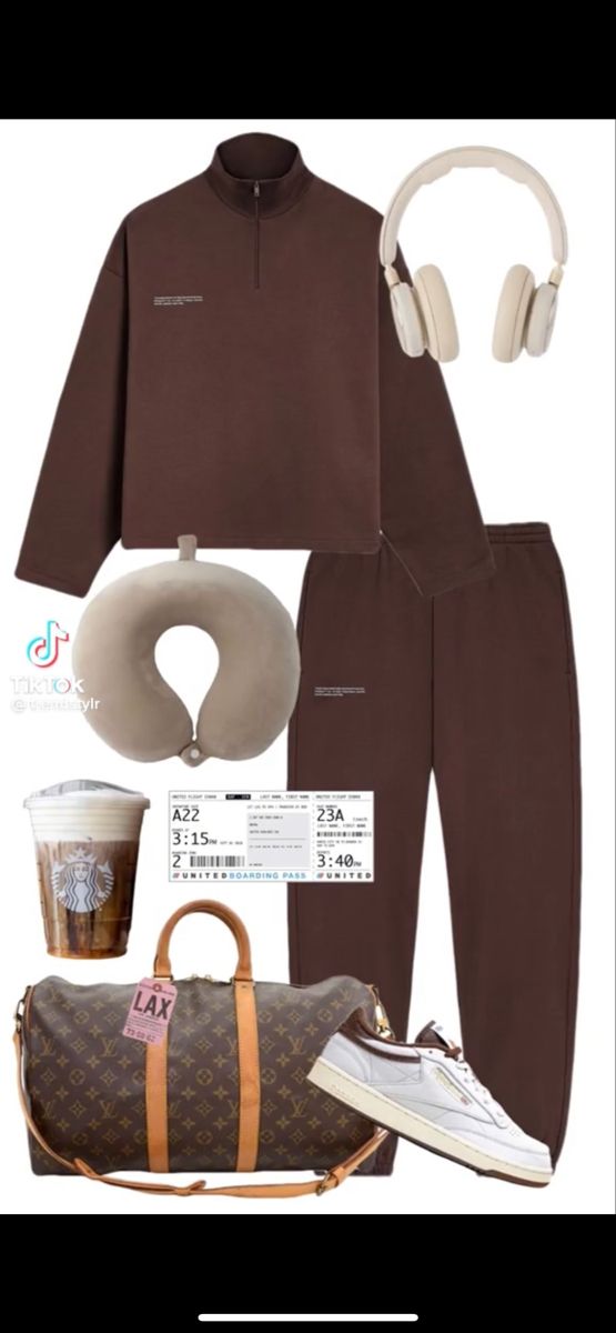 Brown Airport Outfit, Airport Outfit Layout, Diwali Aesthetic Outfits, Travel Aesthetic Airport Outfit, Beats Headphones Outfit, Brown Tracksuit, Airport Outfit Comfy, Headphone Outfit, Comfy Airport Outfit