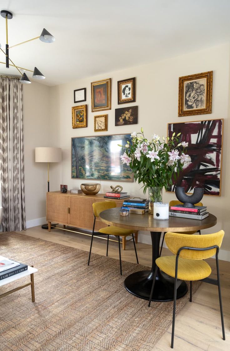 a living room filled with furniture and pictures on the wall above it's coffee table