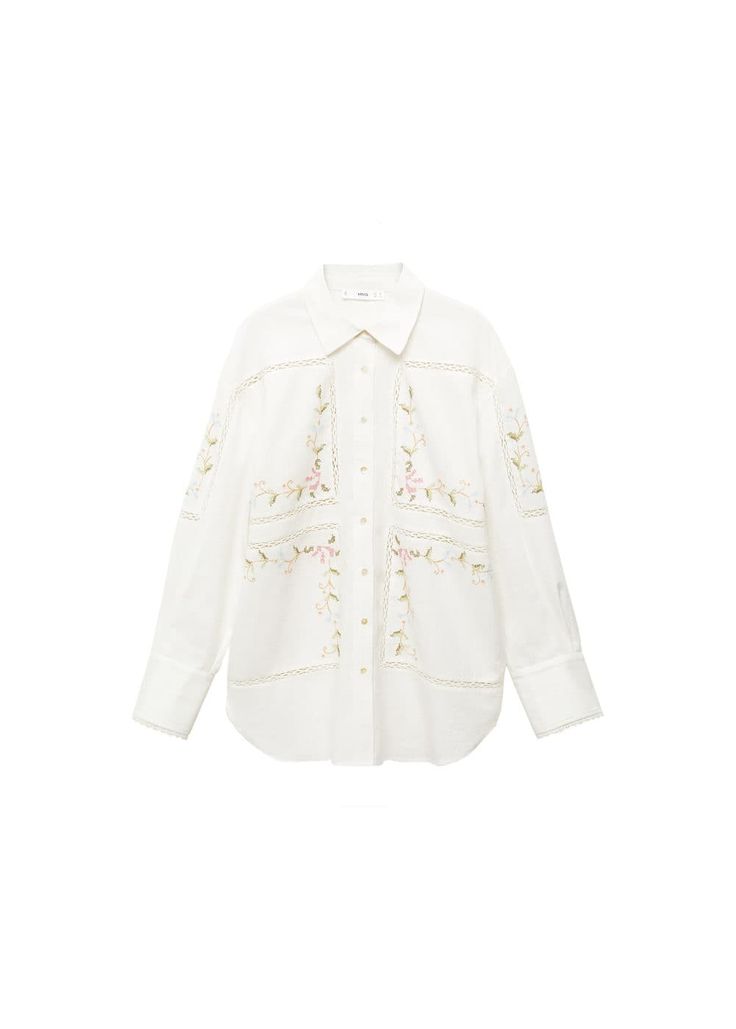 Oversized shirt with embroidered detail -  Women | Mango USA Cotton Work Shirt With Embroidered Cuffs, Embroidered Collared Blouse Relaxed Fit, Embroidered Relaxed Fit Collared Blouse, Embroidered Collared Blouse With Relaxed Fit, Button-up Blouse With Floral Embroidery For Work, Cotton Blouse With Embroidered Cuffs For Work, Summer Workwear Blouse With Embroidered Cuffs, Long Sleeve Cotton Blouse With Embroidered Cuffs, Embroidered Cotton Collared Blouse