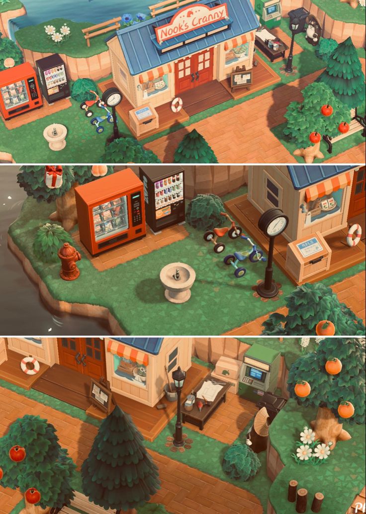 two different views of a small town in the game animal crossing, with trees and buildings