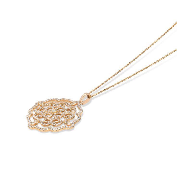 This detailed filigree pendant, resembles feminine strength. Elegant and classic, this filigree pendant is set in 18K rose gold, and features a diamond lined, swirly, filigree design that holds over two hundred sparkling white diamonds. The pendant hangs from a rose gold chain and is attached by an embellished bail at the top of the pendant. This pendant is sure to be adored by all who see it and makes for a beautiful gift.
We are happy to answer any of your questions! Contact us! Zipper Bracelet, Filigree Pattern, Pave Pendant, Filigree Pendant, Rose Gold Chain, Feather Pendant, Diamond Star, Filigree Design, Gold Filigree