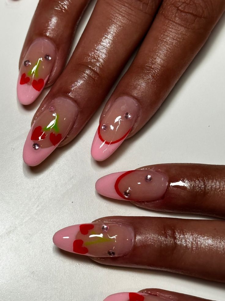 #nails #nailart #naildesign #almondnails #valentinesday #vdaynails #valentinesdaynails #gelxapres #gelx #prettynails #nailsideas #nailsofinstagram Almond Nails With Cherries, Lips Nails Designs, Valentine’s Day Nails Almond, Vday Nails Valentines Day, Nails With Cherries, February Fashion, Cupid Costume, Nail Aesthetics, Almond Nails Pink