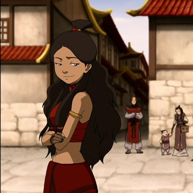 an animated image of a woman in a red dress standing on a stone walkway with other people around her