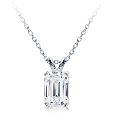 This diamond solitaire pendant is prong set with a emerald-cut 1/3ct, 1/2ct, 3/4ct, or 1ct diamond. The diamond is H/I in color, and SI in clarity. Please select your desired carat weight below. Other color, clarities, and mounting styles are available. Please call for details. Fine Jewelry Solitaire Necklace With Emerald Cut Diamond, Emerald Cut Diamond White Diamond Necklace, Emerald Cut Solitaire Necklace In Diamond White, Emerald Cut Solitaire Diamond Necklace For Anniversary, Emerald Cut Solitaire Diamond Necklace As Gift, White Diamond Cut Necklace, Classic Cubic Zirconia Diamond Necklace With Emerald Cut, Fine Jewelry Emerald Cut Diamond Necklace With Prong Setting, Emerald Cut Diamond Solitaire Necklace In Diamond White