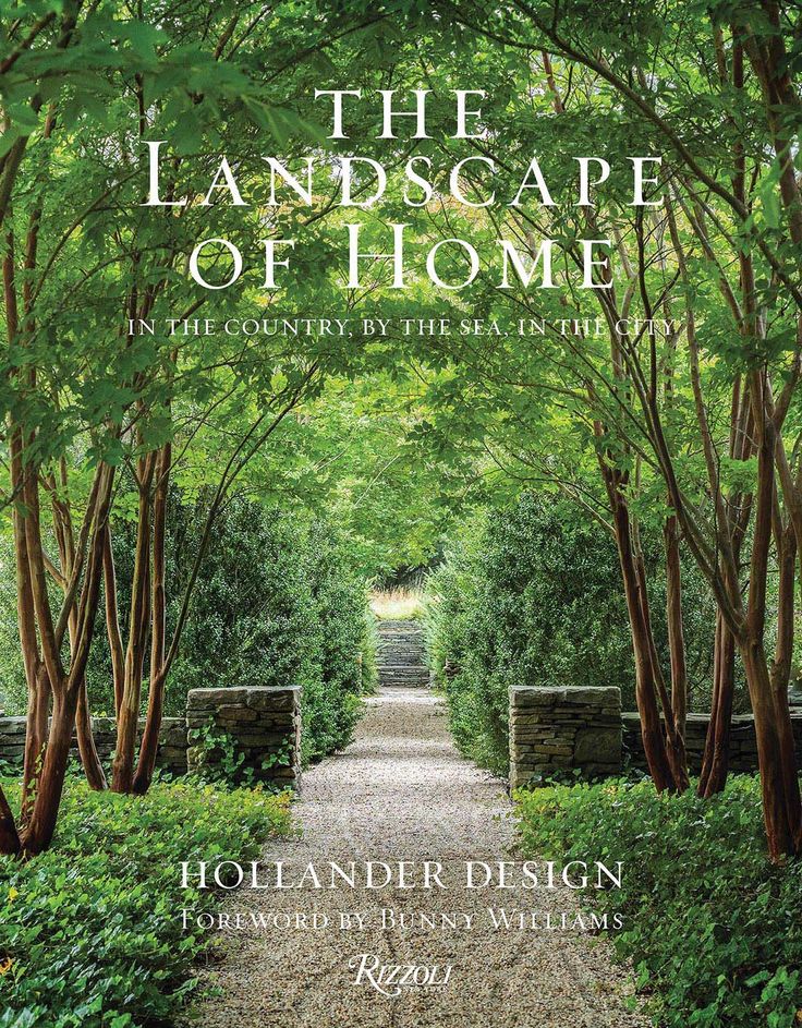 the landscape of home book cover with trees and bushes in the foreground, leading to a pathway