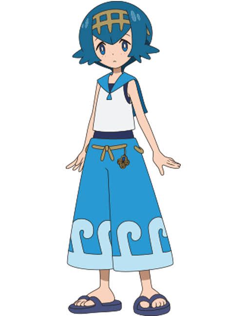 an anime character in blue and white with her hands on her hips, wearing sandals