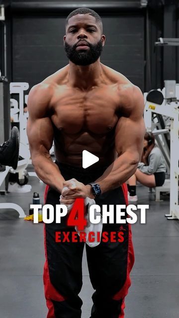 a man standing in front of a gym machine with the words top 4 chest exercises