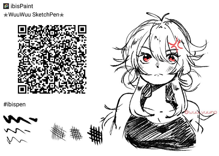 a drawing of a girl with red eyes and a qr code in the background