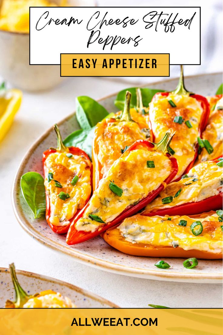 a plate with stuffed peppers on it and the title overlay reads cream cheese stuffed peppers easy appetizer