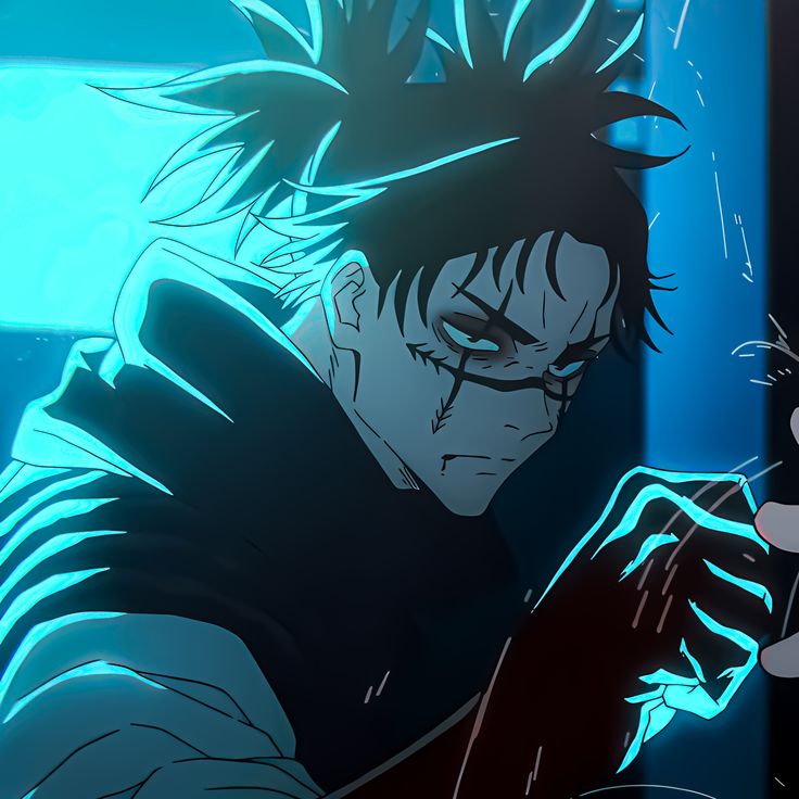 an anime character with black hair and blue eyes holding a cell phone in his hand