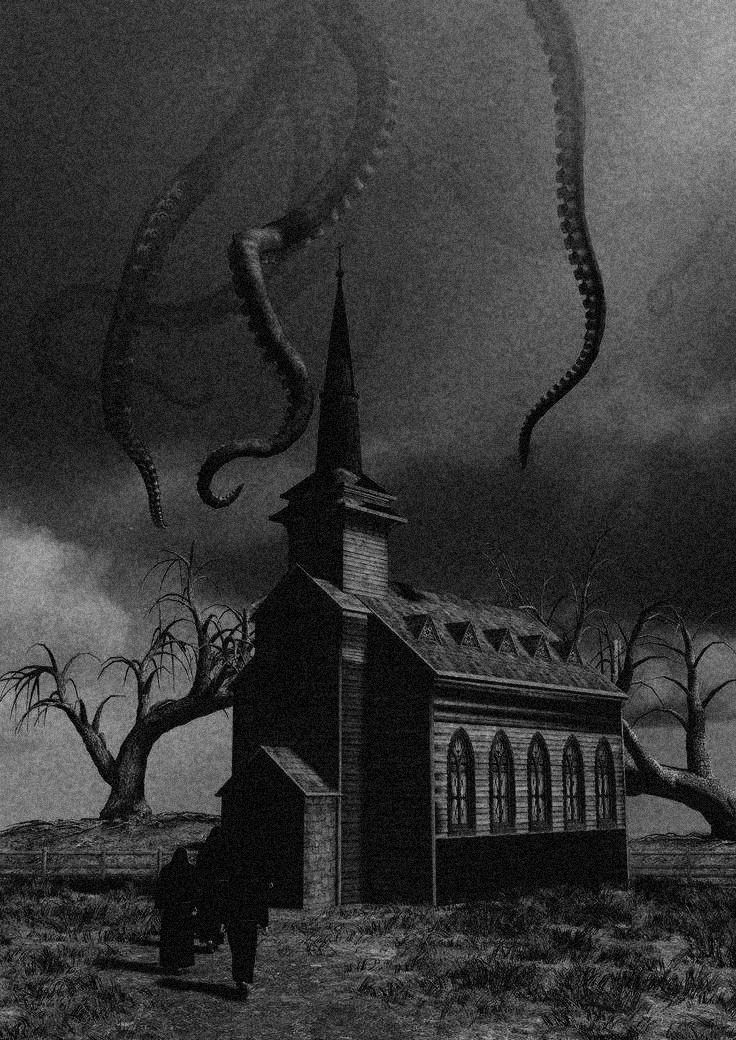 an old church with tentacles coming out of it