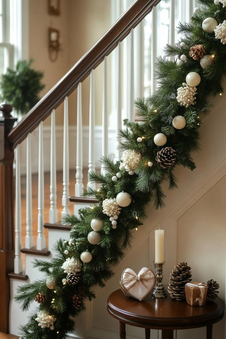 christmas garland on the banister with pine cones and white balls