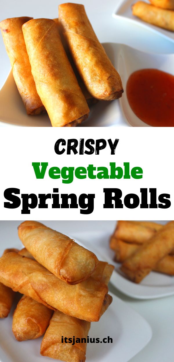 crispy vegetable spring rolls on plates with dipping sauce in the background and text overlay that reads crispy vegetable spring rolls