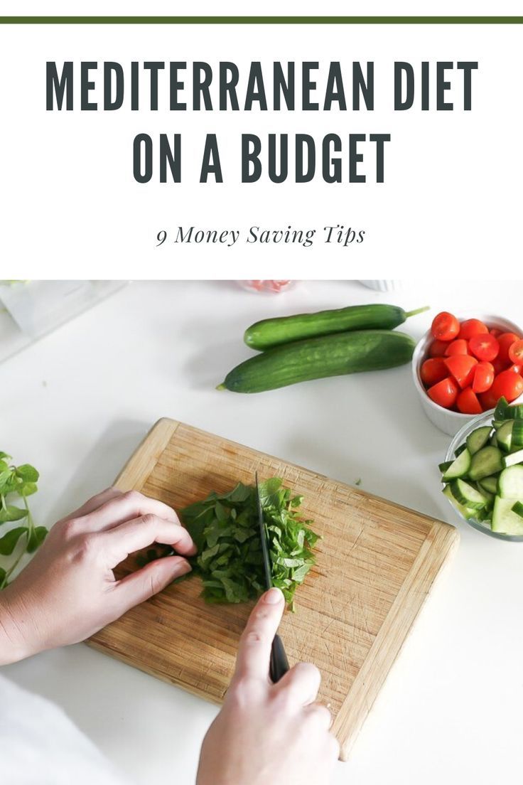 a person cutting up vegetables on a cutting board with the title mediterranean diet on a budget