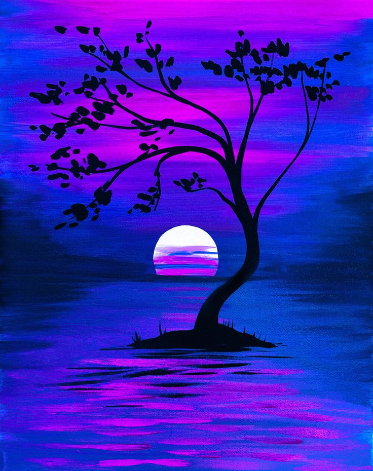 an acrylic painting of a tree with the sun setting in the background