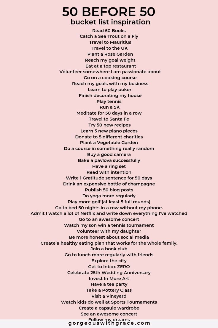 the 50 before 50 bucket list is shown in black and white on a pink background