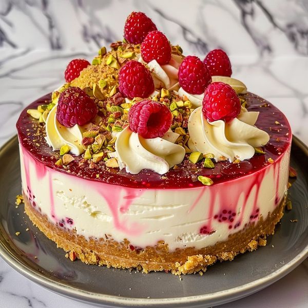 a cake with raspberries and white frosting on a plate