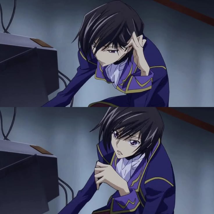 an anime character with black hair and blue eyes, wearing a purple outfit holding his hand to his face