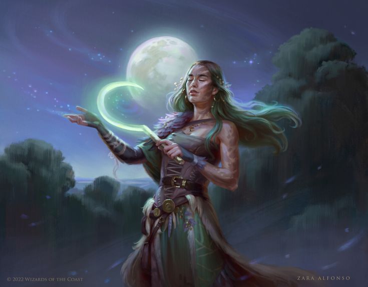 a woman with long hair holding a wand in her hand and looking up at the moon