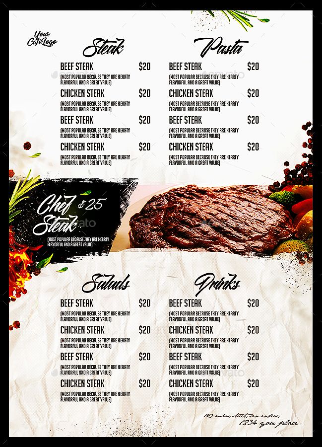 the menu for a steak restaurant is shown in black and white