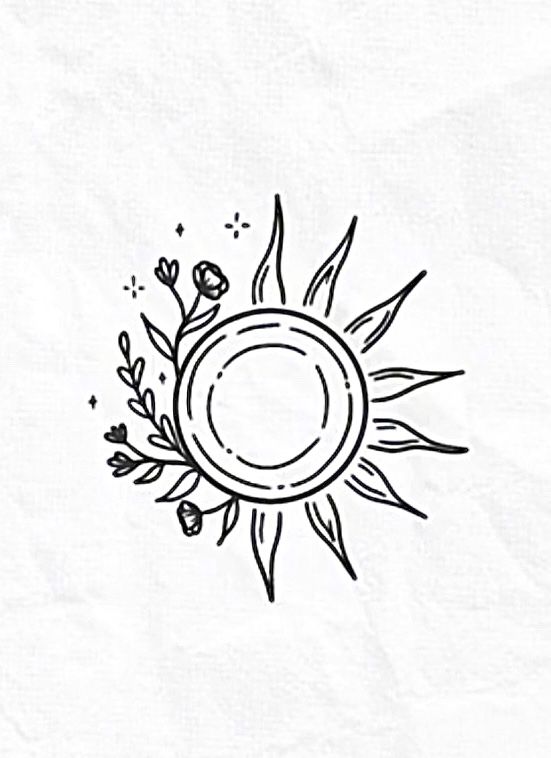 a black and white drawing of a sunflower with leaves on it's side