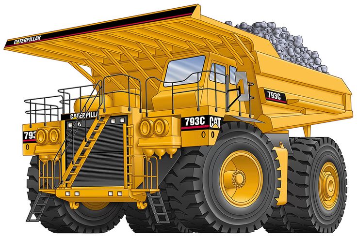 a large yellow dump truck with lots of rocks in the back and tires on it's sides