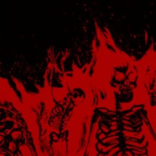 three skeletons in red and black with flames coming out of the back ground behind them