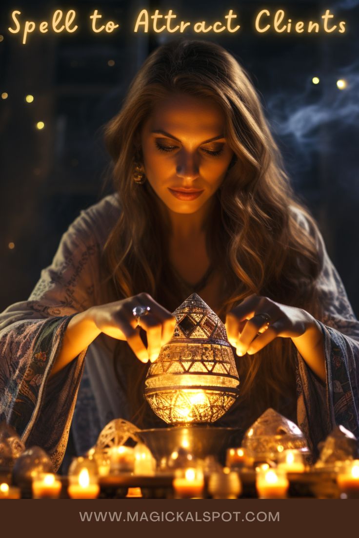 a woman sitting in front of candles with the words spell to attract client