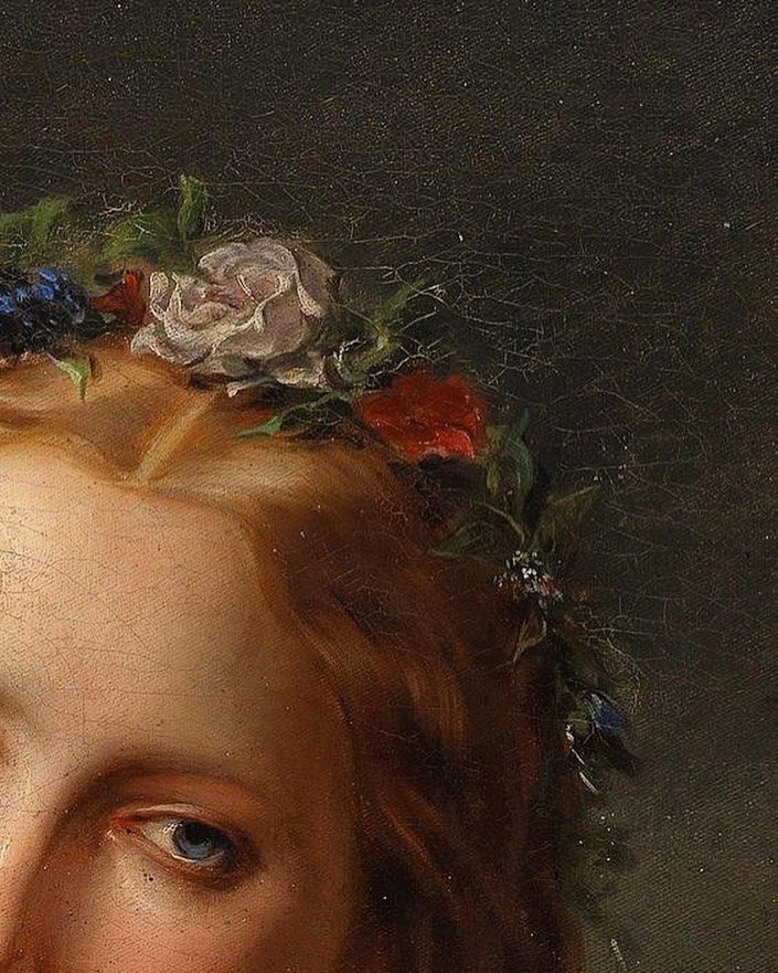 a close up of a painting of a woman with flowers on her head and hair