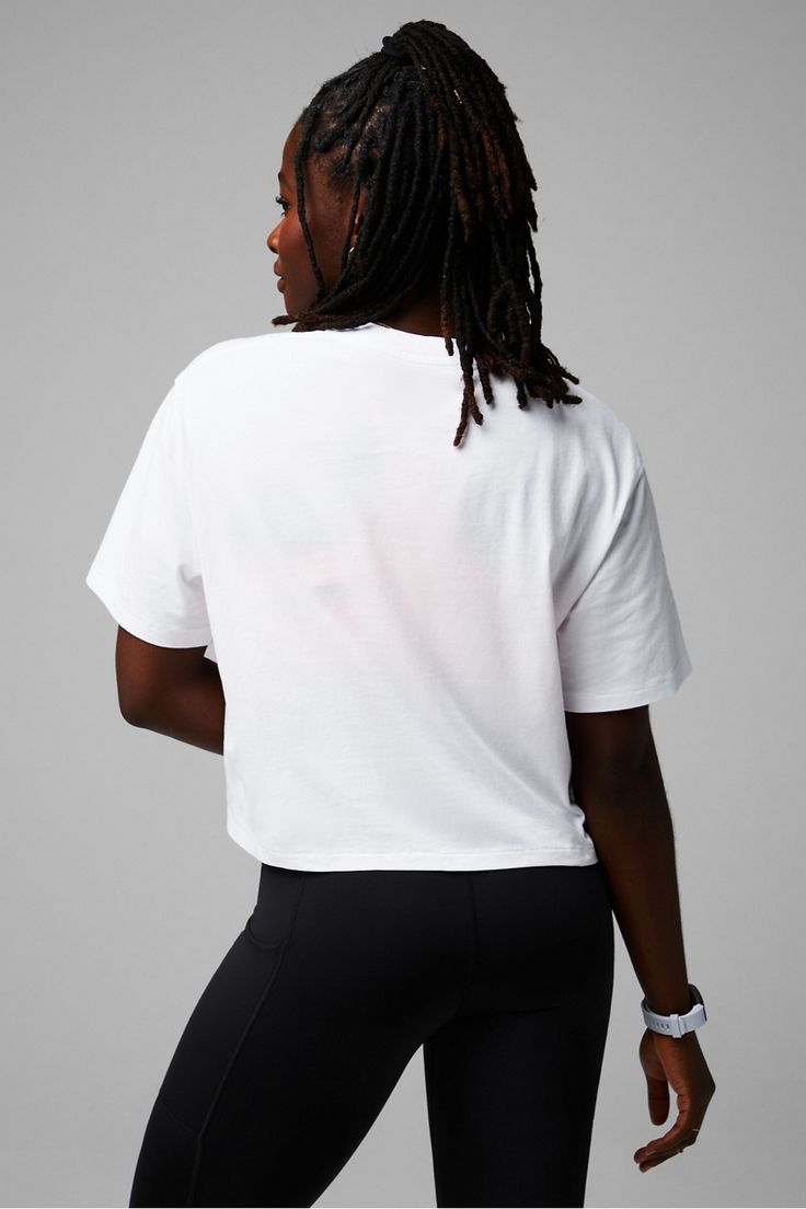 100% Cotton Boxy Tee Fabletics white female Activewear >> Womens >> Tops >> Short Sleeve T-Shirts >> Short-Sleeve Top regular Everyday White Cropped T-shirt For Workout, White Relaxed Fit Cropped T-shirt For Streetwear, Trendy White Cropped T-shirt For Loungewear, White Crew Neck Crop Top For Workout, White Relaxed Fit Graphic Cropped T-shirt, White Boxy Fit Cropped T-shirt For Everyday, Basic White Relaxed Fit Crop Top, White Relaxed Fit Crop Top For Everyday, White Relaxed Fit Basic Crop Top