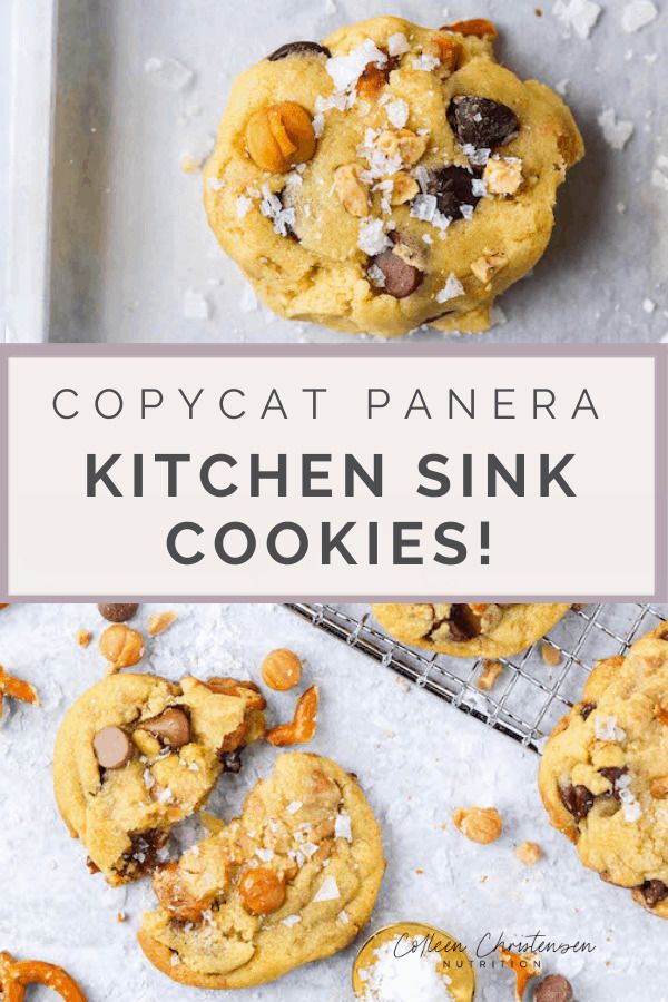 two cookies with nuts on top and the words copycat panera kitchen sink cookies