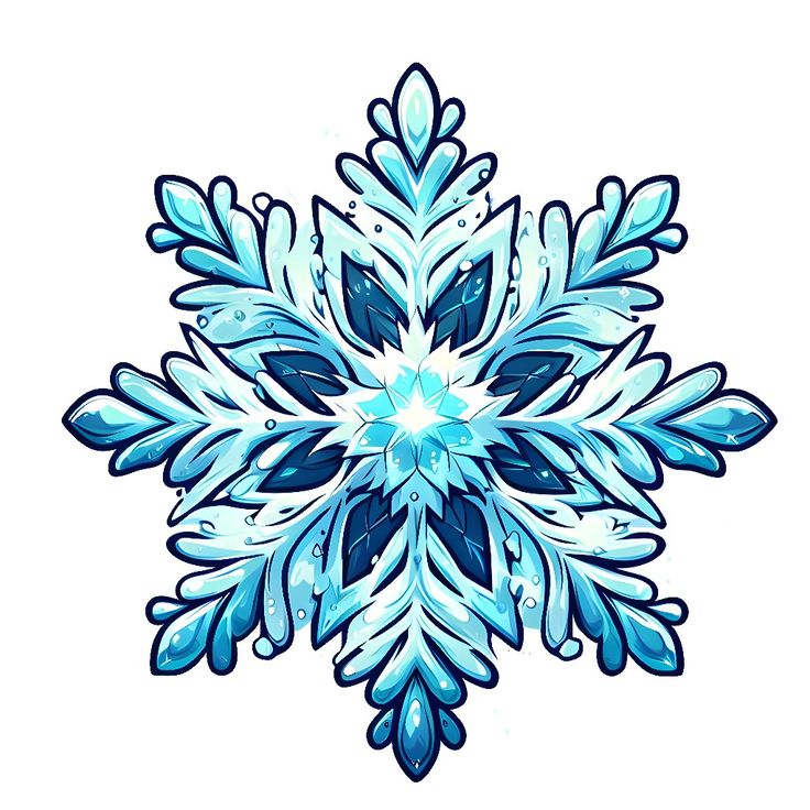 a blue snowflake on a white background with some water droplets in it's center