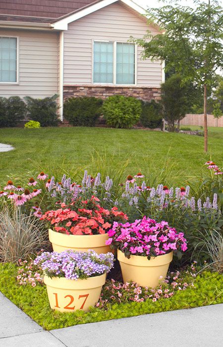 three large flower pots in front of a house with purple and red flowers around them