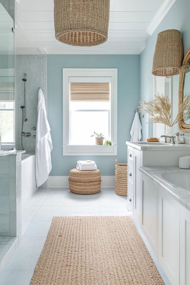 a bathroom with blue walls and white fixtures, wicker baskets hanging from the ceiling