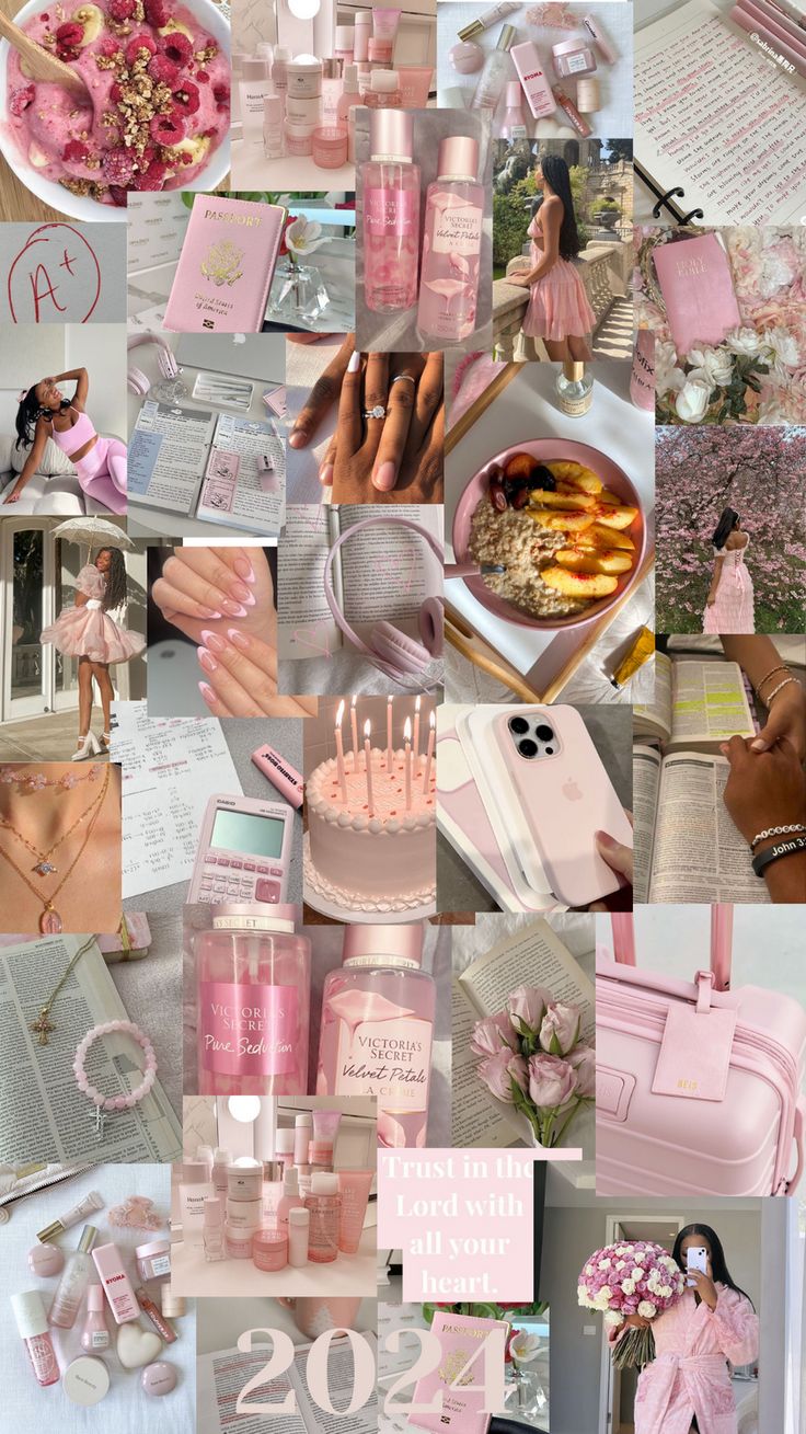 a collage of pink and white items including perfumes, books, flowers, and pictures