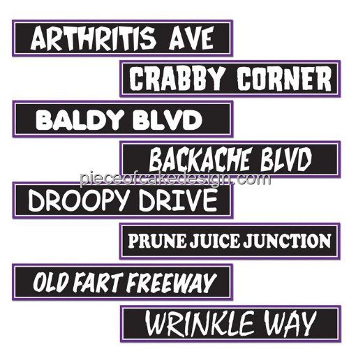 various street signs are shown in black and purple colors, with the names on them