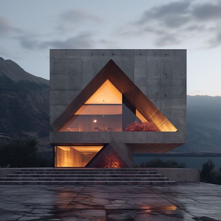 an unusual house sits in the middle of a mountain range at night with its lights on