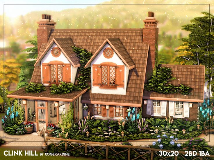 this is an artist's rendering of a house in the woods with lots of flowers