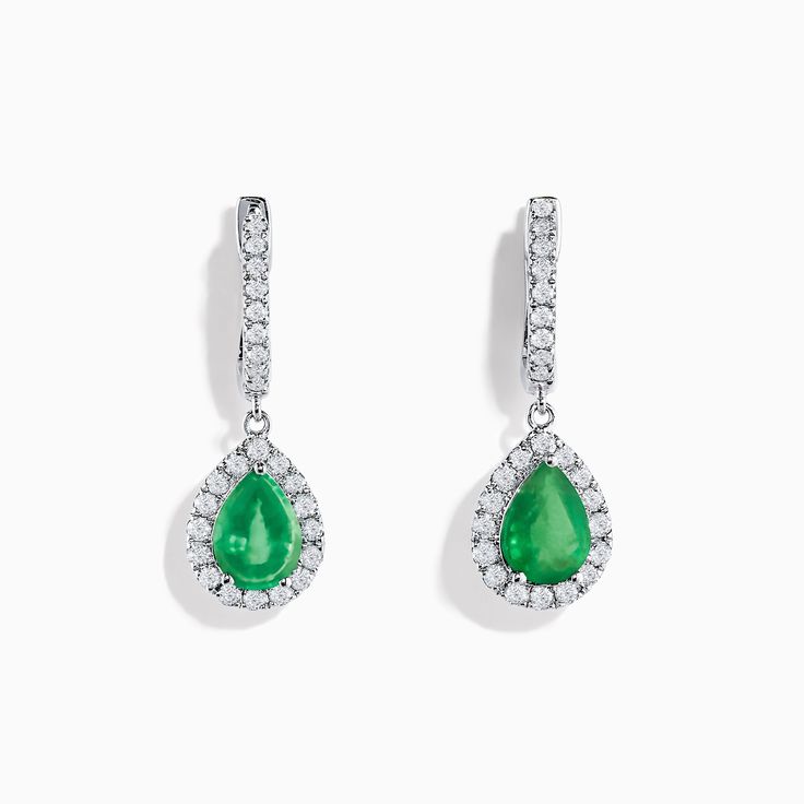 Effy Brasilica 14K White Gold Emerald and Diamond Drop Earrings Fine Jewelry Emerald Pear-shaped Earrings, Classic Emerald Pear-shaped Earrings, Pear-shaped Emerald Earrings Fine Jewelry, Classic Pear-shaped Emerald Earrings, Timeless Green Earrings For Formal Occasions, Timeless Green Earrings For Formal Events, Fine Jewelry Emerald Teardrop Earrings, Emerald Teardrop Earrings Fine Jewelry, Effy Jewelry