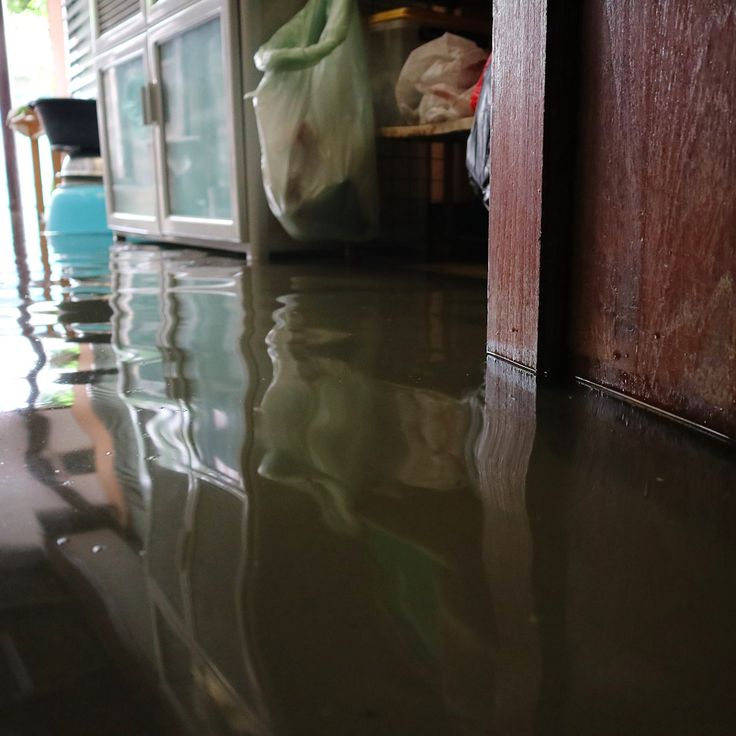 the floor is flooded with water in front of an open door and trash bag hanging from it