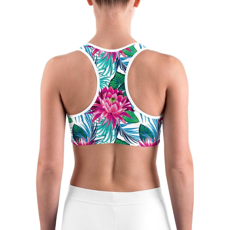 This gorgeous sports bra is made from moisture-wicking material that stays dry during low and medium intensity workouts. The bra has support material in the shoulder straps, double layer front, and a wide elastic band to ensure constant support. Sporty Sports Bra With Built-in Padding For Summer, Summer Racerback Sports Bra With Built-in Padding, Summer Sports Bra With Built-in Padding And Racerback, Workout Racerback Bra With Built-in Padding, White Sports Swimwear With Built-in Bra, Summer Racerback Sports Bra, White Breathable Gym Bra, White Sports Bra For Athleisure, Sporty Summer Sports Bra With Built-in Bra