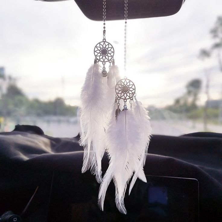 two white feathers hanging from the dashboard of a car