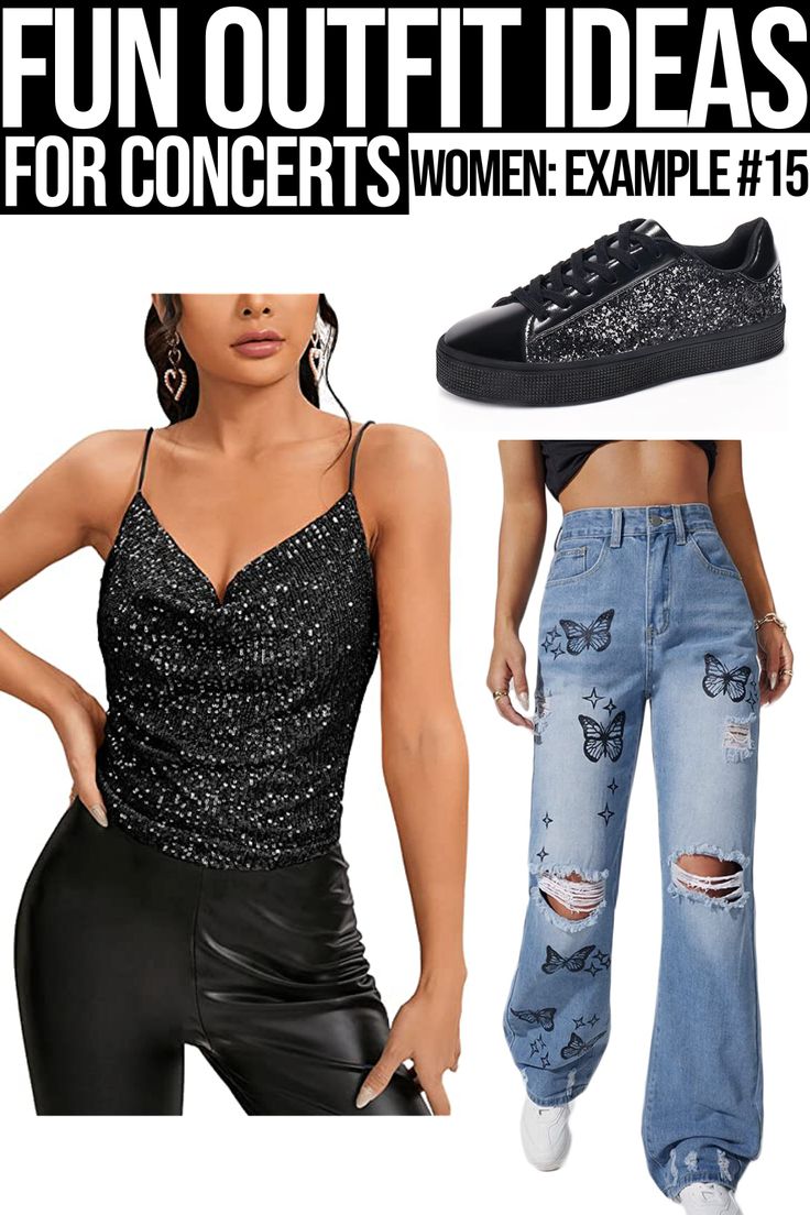 a woman wearing black shoes and jeans with the words fun outfit ideas for concert women example 15