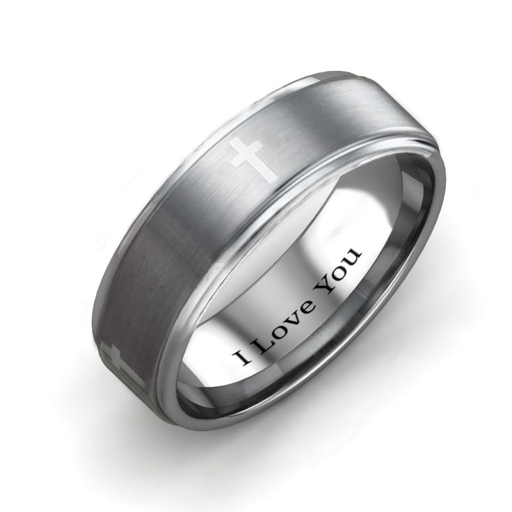 a stainless steel ring with the words i love you on it and a cross in the center