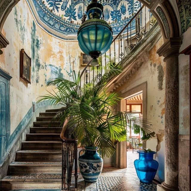 a blue and white vase sitting on top of a tiled floor next to a stair case