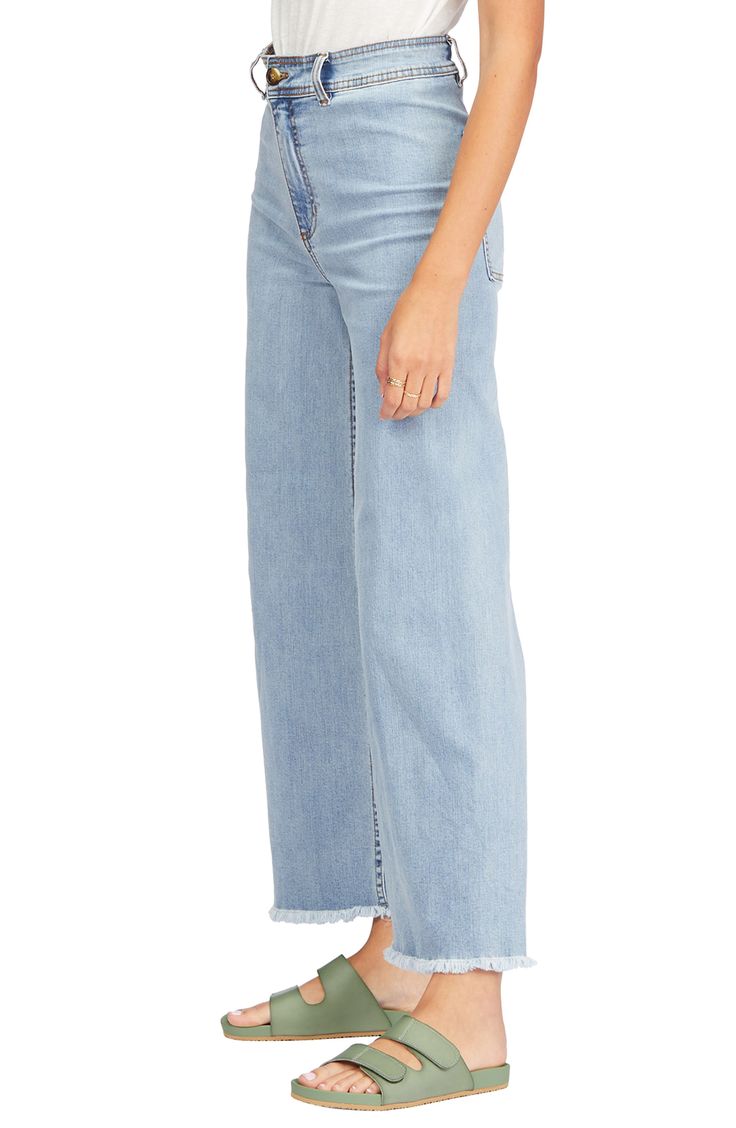 High-rise trouser jeans are ready for a stroll by the beach in light-wash, low-stretch denim with frayed hems and an easygoing wide-leg silhouette. Zip fly with button closure Back patch pockets 98% cotton, 2% elastane Machine wash, tumble dry Imported Women's Clothing Everyday Medium Wash Bottoms With Frayed Hem, Everyday Frayed Hem Bottoms For Fall, Frayed Hem Bottoms For Fall, Frayed Hem Bottoms For Everyday Fall Wear, Everyday Bottoms With Frayed Hem For Fall, Everyday Medium Wash Pants With Frayed Hem, Medium Wash Pants With Frayed Hem For Everyday, Everyday Medium Wash Flare Jeans With Frayed Hem, Everyday Dark Wash Flare Jeans With Frayed Hem